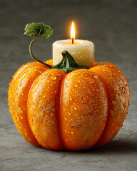 Illuminated Pumpkin Candle: A beautifully carved pumpkin, adorned with intricate details, cradles a glowing candle, radiating warmth and a festive ambiance.