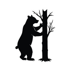 Black Silhouette of a Bear Standing by a Tree with Bare Branches, bear scratching back on tree silhouette vector illustration