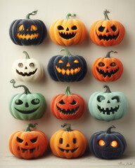 Halloween Pumpkin Patch: An eye-catching overhead view of carved pumpkin, showing a creative display of various jack-o'-lanterns expressing varied emotions, embodying the spirit of Halloween.