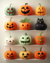 Halloween Pumpkin Collection: A captivating arrangement of whimsical pumpkins with carved faces, perched on a shelf, ready to celebrate the spookiest night.
