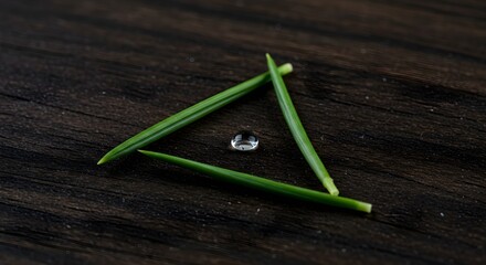 Green needles forming triangle around droplet on dark wood surface