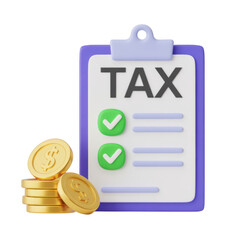 3d tax form with coins and checkmarks on transparent background