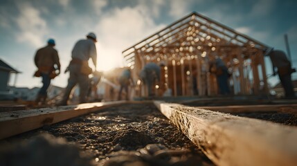 Construction workers building a wooden house structure against a cloudy sky