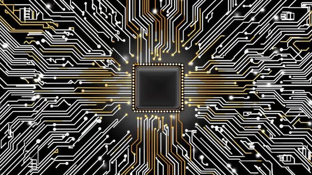An intricate close-up image of a computer circuit board showcasing a central processor unit. Golden traces illuminate the complex network of electronic pathways.