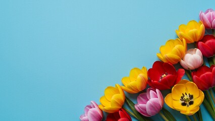 Diagonal floral border with red and yellow flowers on blue background