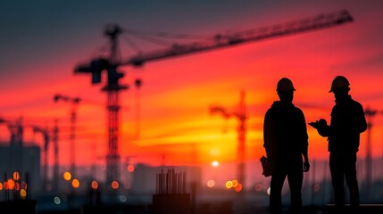 Construction workers discussing project details with cranes at sunset