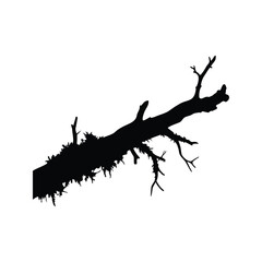 A fallen tree branch covered in moss and small twigs in silhouette, dead branch with moss silhouette vector illustration
