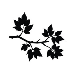 Black silhouette of a branch with leaves on a white background design, dead branch with leaves silhouette vector illustration