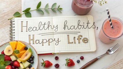 Healthy Lifestyle Inspiration with Notebook, Fruit Bowl, Smoothies, and Fresh Ingredients for Wellness and Vitality