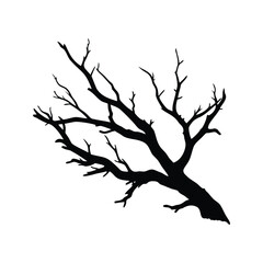 Fototapeta premium Silhouette of a bare tree with many branches against a white background, dead bush branch silhouette vector illustration