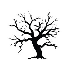 Silhouette of a bare tree with intricate branches against a white background, dead oak branch silhouette vector illustration