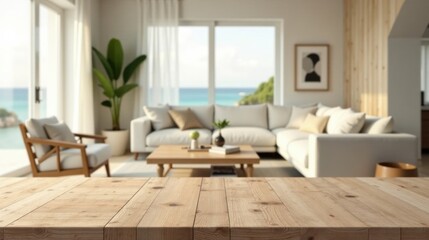Fototapeta premium A Light and Airy Living Room with Ocean View Featuring a Wooden Tabletop Display