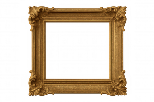 Ornate gold picture frame with baroque rococo style, antique vintage decoration on transparent background