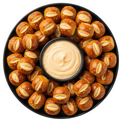 Pretzel bite with cheese dip isolated on transparent background, top view shot