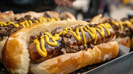 A hot dog with mustard and sausage, placed on a tray with other hot dogs.