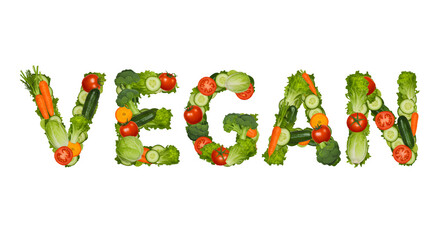 Creative typography spelling the word Vegan with a collage of fresh, colorful vegetables. A concept for healthy eating and plant-based diets, isolated on a clean white background