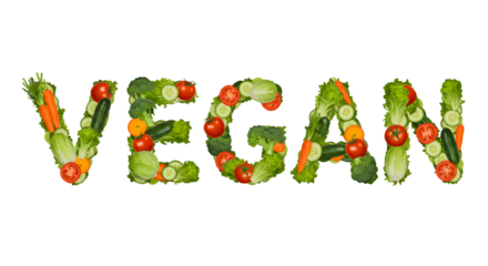 Creative typography spelling the word Vegan with a collage of fresh, colorful vegetables. A concept for healthy eating and plant-based diets, isolated on a clean white background