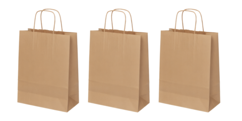 Three plain kraft paper shopping bags with twisted handles for retail, gifts, or eco-friendly packaging solutions