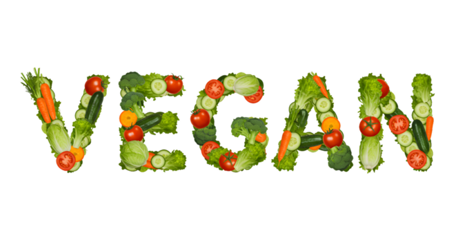 Creative typography spelling the word Vegan with a collage of fresh, colorful vegetables. A concept for healthy eating and plant-based diets, isolated on a clean white background