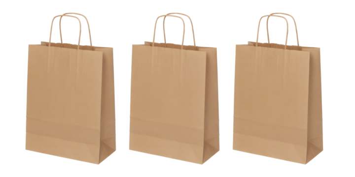 Three plain kraft paper shopping bags with twisted handles for retail, gifts, or eco-friendly packaging solutions