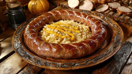 A traditional German dish of braised pork sausage with sauerkraut and mustard on a wooden plate.