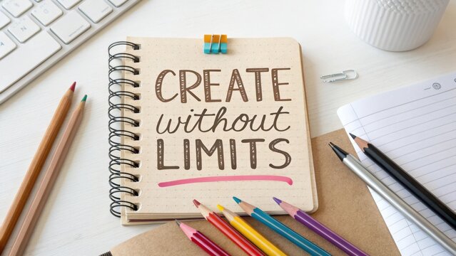 Creative Workspace with Inspirational Message for Artists and Writers on Notebook Surrounded by Art Supplies