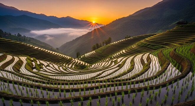 Breathtaking sunrise over the longsheng rice terraces in china, with golden light illuminating the intricate patterns of the flooded fields and distant mountains