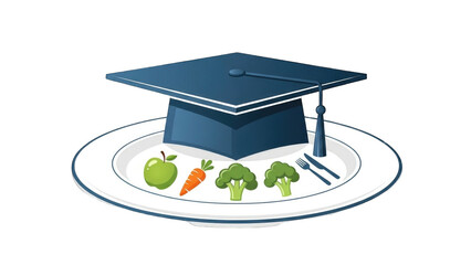 Graduation cap sits atop a plate of healthy food, symbolizing nutrition education and academic achievement in the field of dietetics.