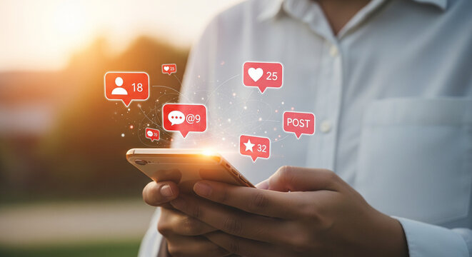 A person holding a smartphone outdoors during sunset, with social media notification icons like followers, likes, and comments appearing above the device, illustrating the impact of online activity