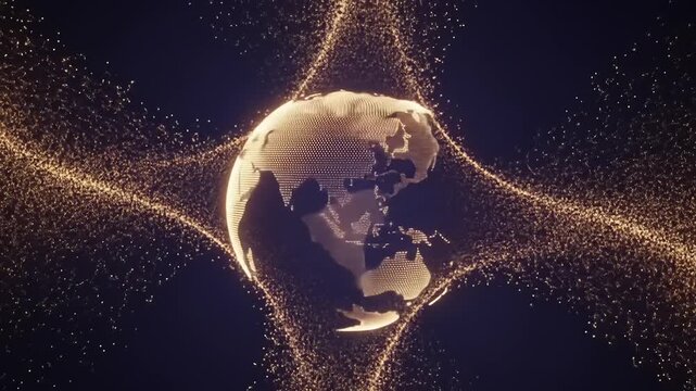 Digital Earth Orbiting With Golden Particles Abstract Background.