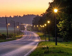 Scenic Twilight Road with Street Lamps and Natural Surroundings