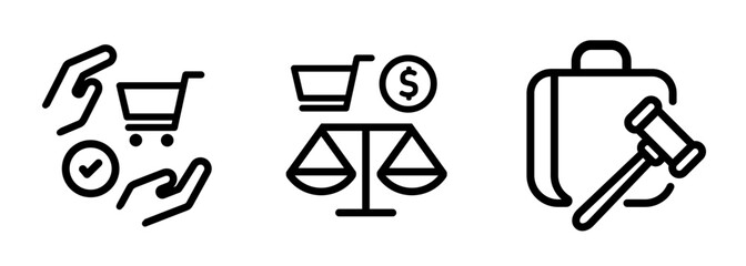 ethical principles in e-commerce and online shopping icon graphic representing fair trade consumer protection and legal compliance in commerce features shopping cart scale gavel