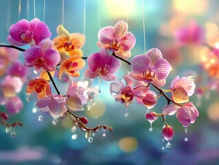 Marvel at the exquisite beauty of orchids suspended in delicate water droplets.