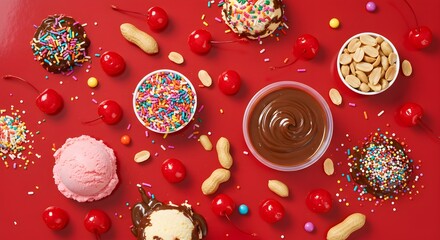 Overhead view of various colorful ice cream toppings and cherries on red surface