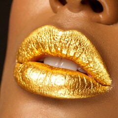 Close-up gold lipstick on lips