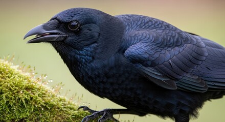 Obraz premium A black bird perched on a mossy branch with a blurred green background.