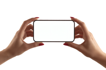 Elegant female hands holding modern smartphone horizontally displaying blank screen for custom content