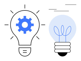 Lightbulb with a blue gear and glowing lines beside a bulb with plants inside. Ideal for innovation, eco-friendliness, technology, sustainability, energy efficiency, environment, teamwork. Simple