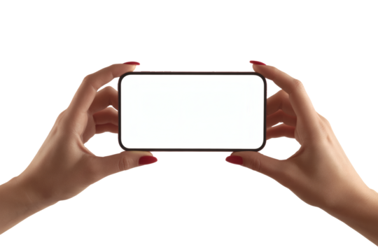 Elegant female hands holding modern smartphone horizontally displaying blank screen for custom content - Powered by Adobe