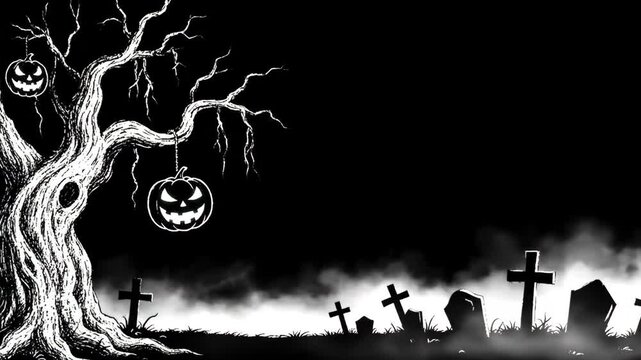 Spooky Night Carved Pumpkins Hanging on Tree in Graveyard with Halloween Scene.