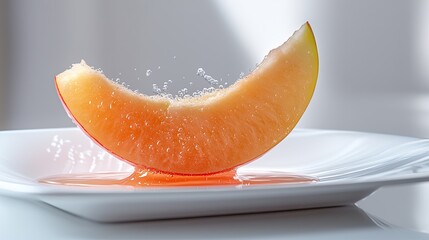 A slice of cantaloupe on a white plate with a blurred background.