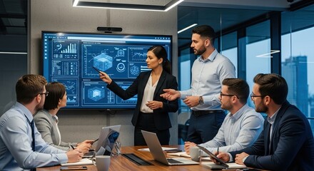 A business meeting in a modern office with a large screen displaying data and graphs.