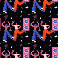 New Year's Eve groovy 90s party seamless vector pattern design with retro cartoon colorful illustration of dancing people, birthday event, music, rave, fireworks
