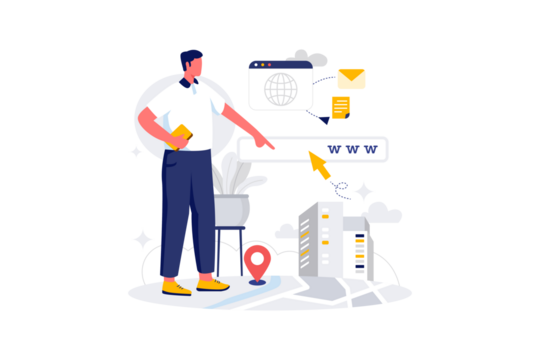 Man Interacting with Digital Interface Presenting Website Address Location and Communication Icons with Transparent Background