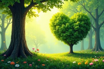 Heart-Shaped Tree in a Sunlit Forest Glade, Surrounded by Vibrant Spring Blossoms and Towering Ancient Trees