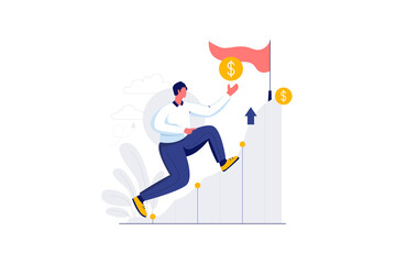 Man Climbing Steps Toward Goal With Dollar Symbol Flag In Business Growth Flat Vector Illustration