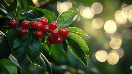 Red berries on a branch with green leaves, against a blurred background of bokeh lights.