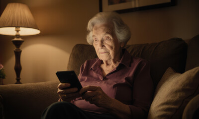 Elderly woman using smartphone on sofa at night