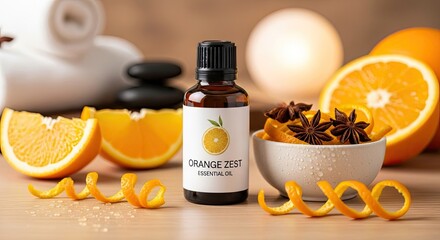 Orange zest essential oil bottle with orange slices and star anise on a wooden table.