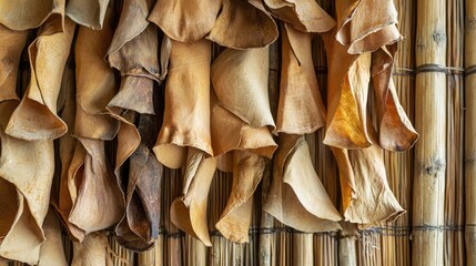 Dried leaves hanging on a bamboo mat.